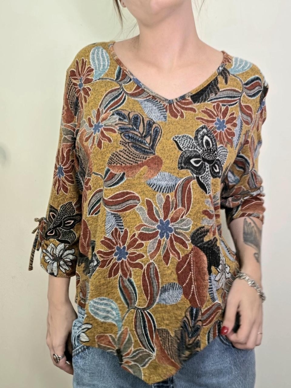 90s Vintage Mustard Earthy Boho Floral V-Neck Tie-Sleeve Tunic Blouse